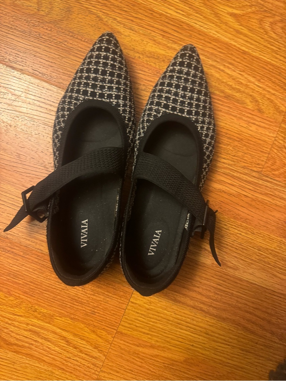 VIVAIA Black & White Tweed Pointed Mary Jane Flats
